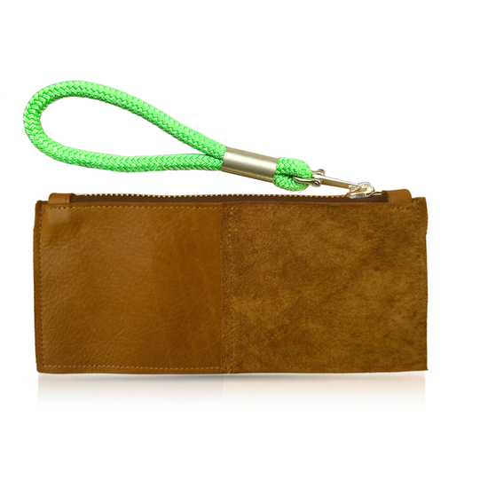 Beach Nut Leather Clutch with Chunky Brass Zipper and Rope Wristlet