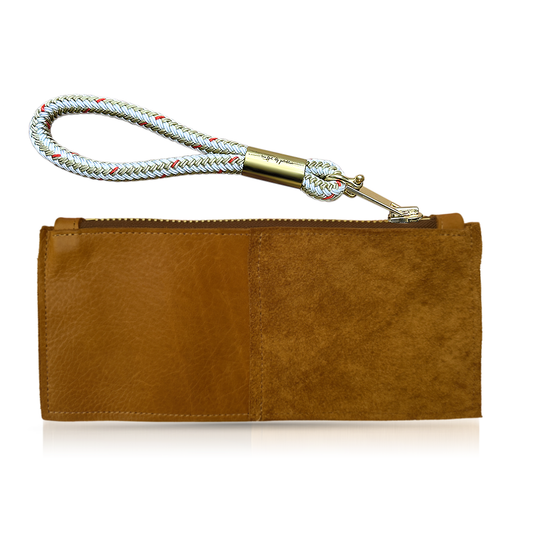 Beach Nut Leather Clutch with Chunky Brass Zipper and Rope Wristlet