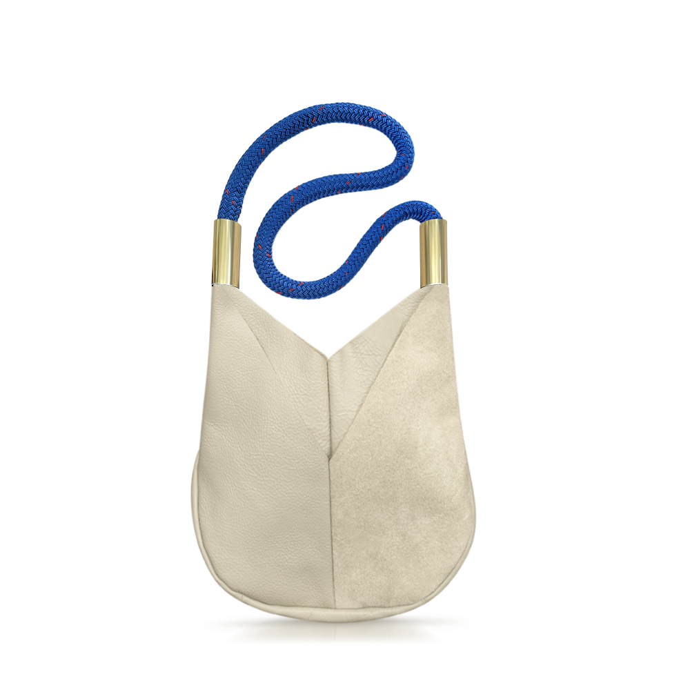 Load image into Gallery viewer, beige leather crossbody tote with harborside blue dock line
