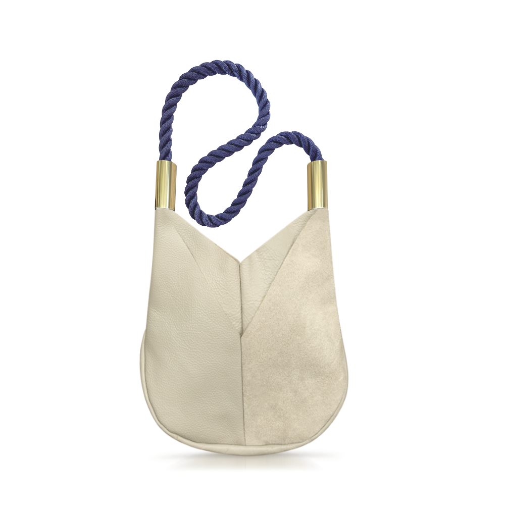 Load image into Gallery viewer, beige leather crossbody tote with navy dock line

