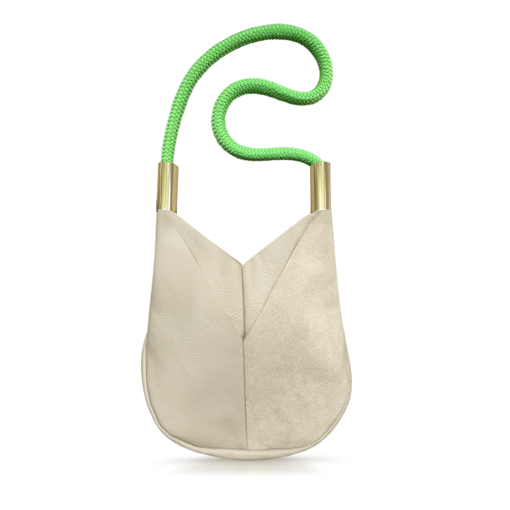 beige leather crossbody tote with neon green dock line