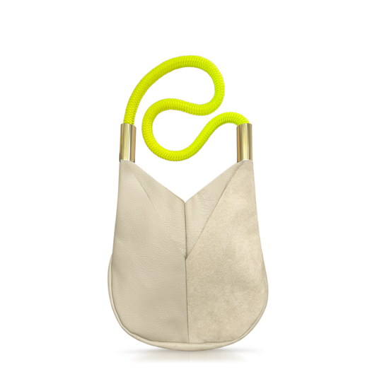 Load image into Gallery viewer, beige leather crossbody tote with neon yellow dock line
