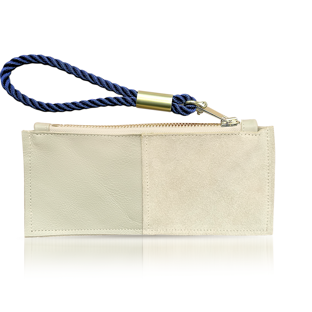 beige leather clutch with navy wristlet
