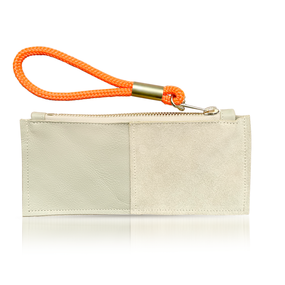 Load image into Gallery viewer, beige leather clutch with neon orange wristlet
