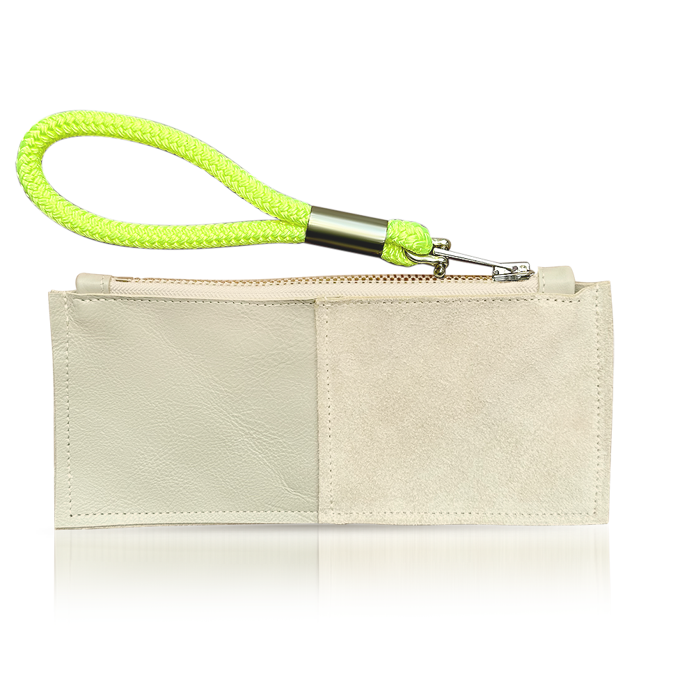 beige leather clutch with neon yellow wristlet