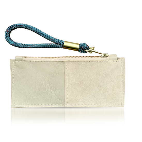beige leather clutch with teal wristlet