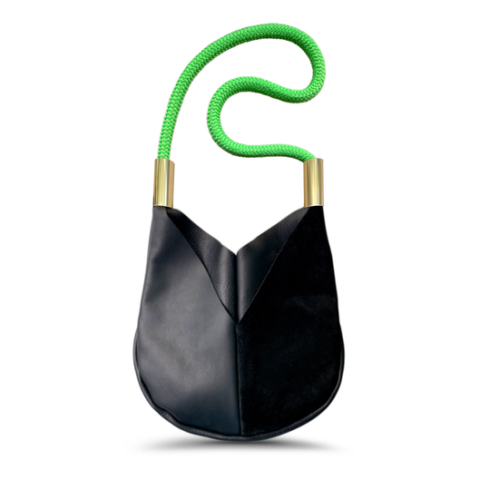 black leather crossbody tote with neon green dock line