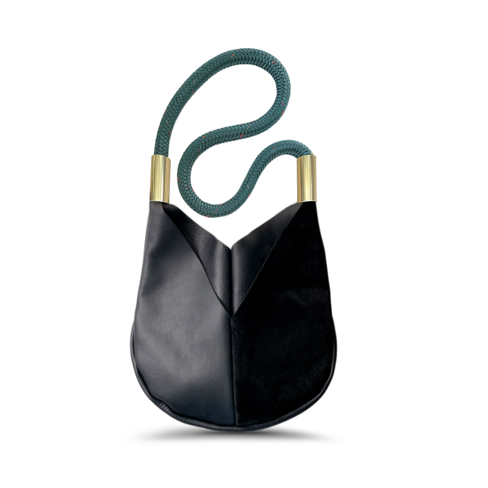 Load image into Gallery viewer, black leather crossbody tote with teal dock line
