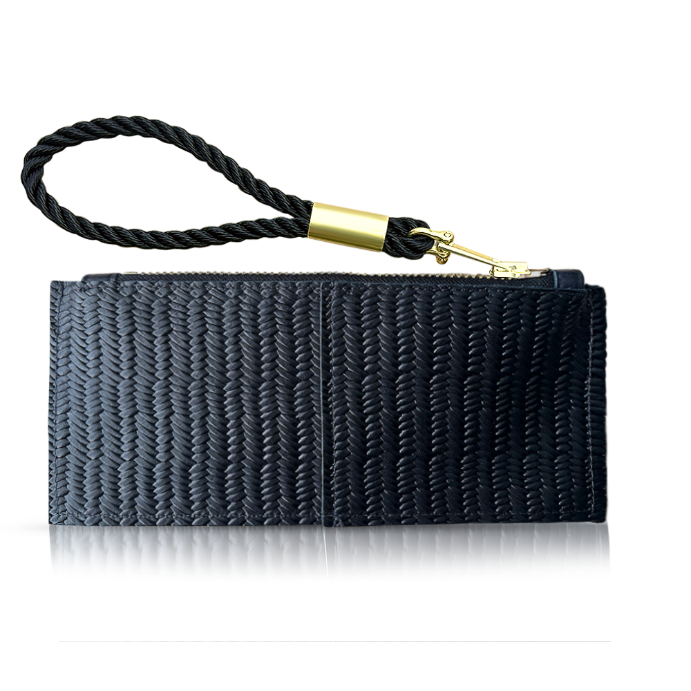 black basketweave clutch with black wristlet