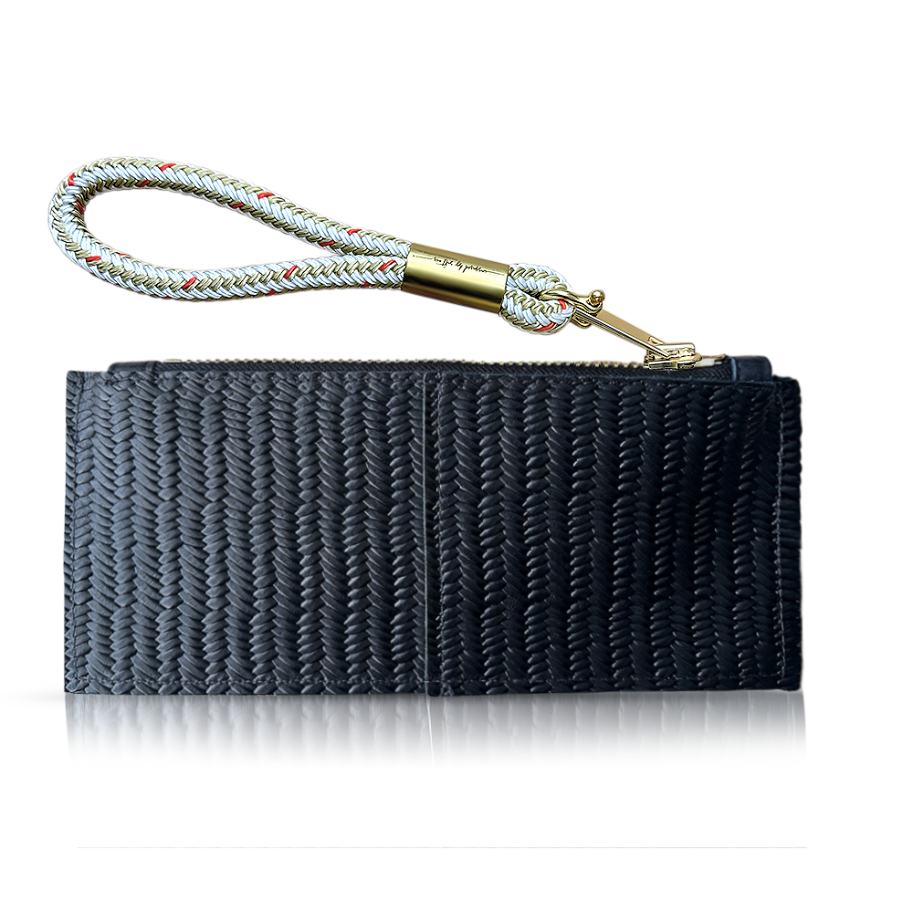 black basketweave clutch with gold wristlet