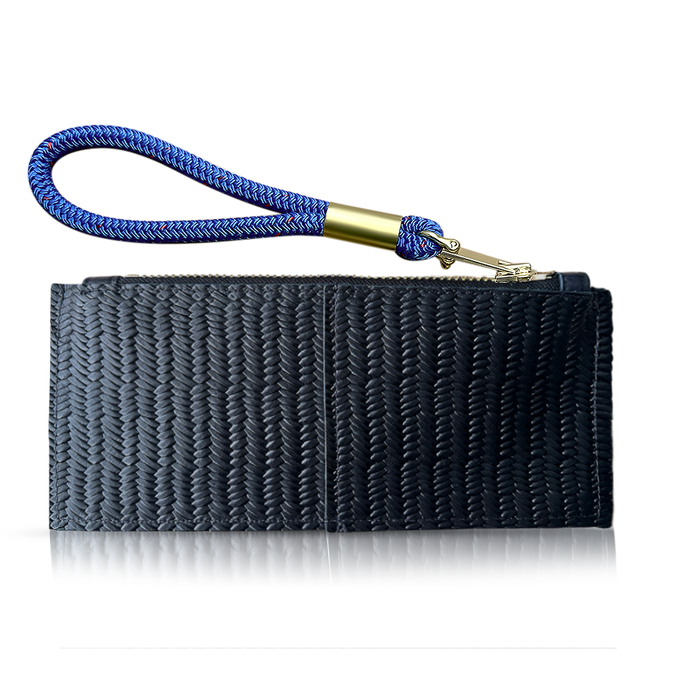 black basketweave clutch with blue wristlet