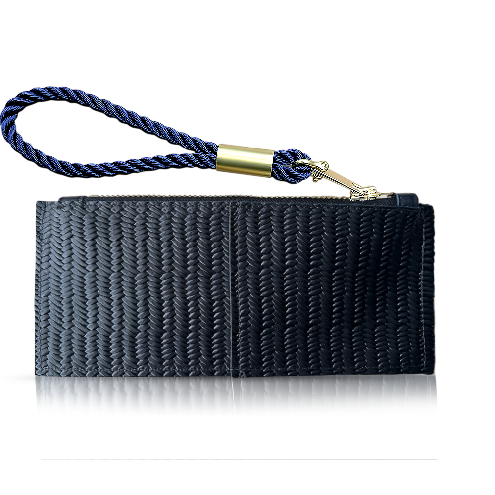 black basketweave clutch with navy wristlet