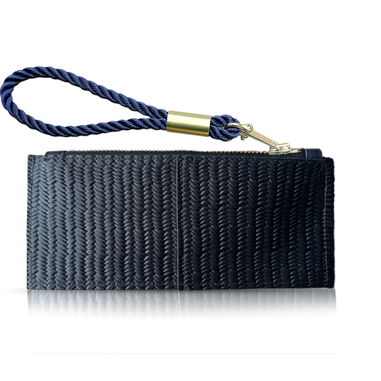 black basketweave clutch with navy wristlet