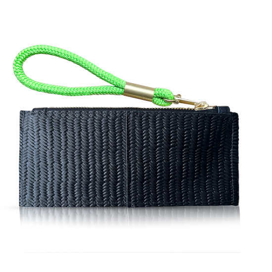 black basketweave clutch with neon green wristlet