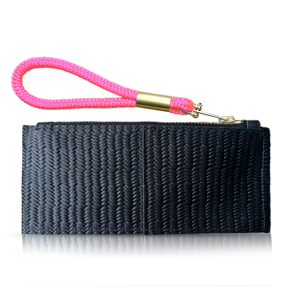 black basketweave clutch with neon pink wristlet