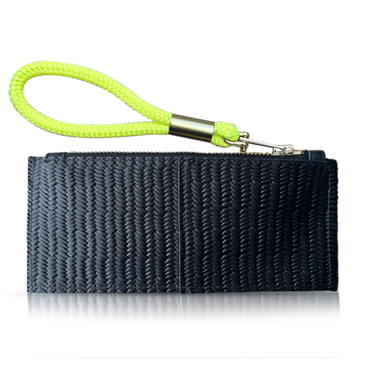 black basketweave clutch with neon yellow wristlet