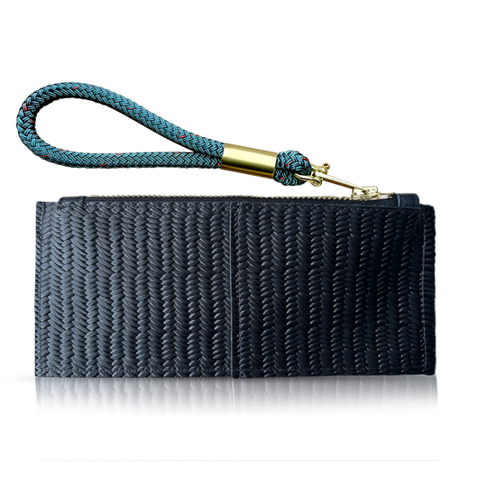 black basketweave clutch with teal wristlet