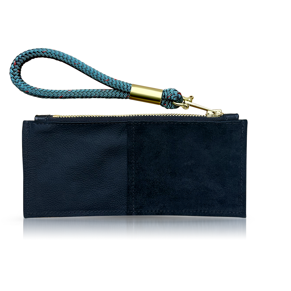 black leather clutch with teal wristlet