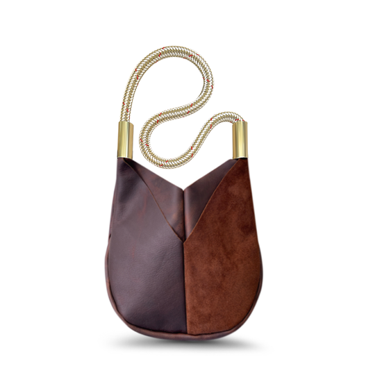 Load image into Gallery viewer, brown leather crossbody tote with oystershell gold dock line

