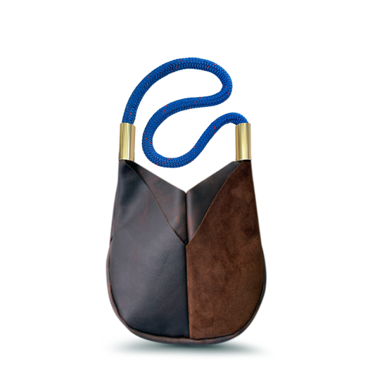 Load image into Gallery viewer, brown leather crossbody tote with harborside blue dock line
