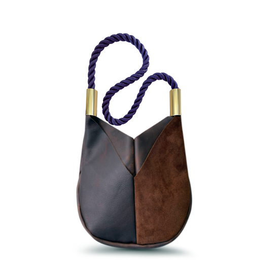 brown leather crossbody tote with navy dock line