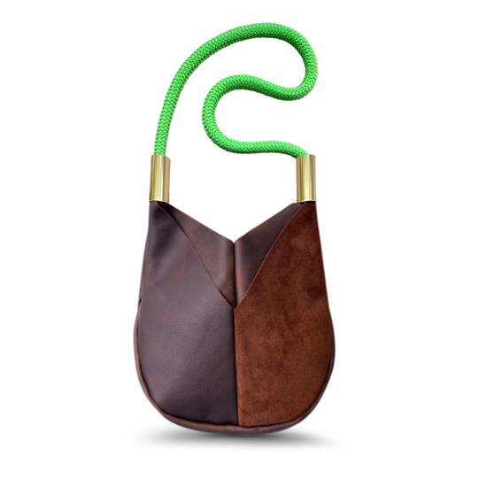 brown leather crossbody tote with neon green dock line