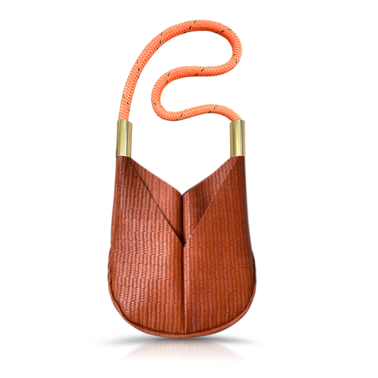 brown basketweave small crossbody tote with neon orange dock line handle