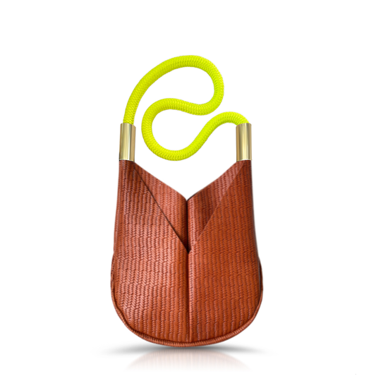 brown basketweave small crossbody tote with neon yellow dock line handle