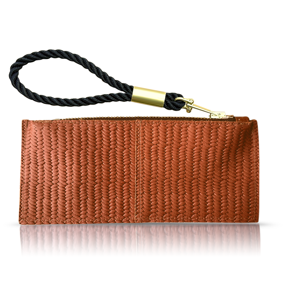 brown basketweave leather clutch with summer night black dock line handle