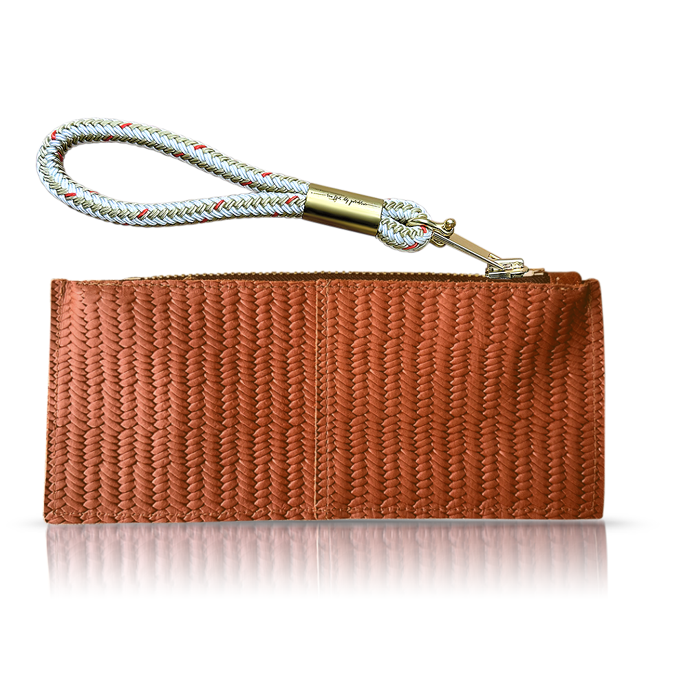 brown basketweave leather clutch with oyster shell gold dock line handle