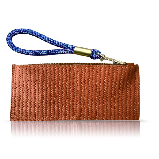 brown basketweave leather clutch with harborside blue dock line handle