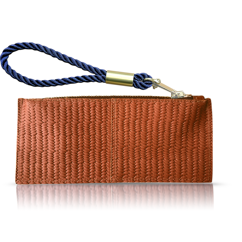 brown basketweave leather clutch with navy dock line handle