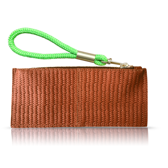 brown basketweave leather clutch with neon green dock line handle