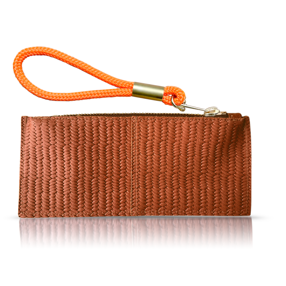 brown basketweave leather clutch with neon orange dock line handle