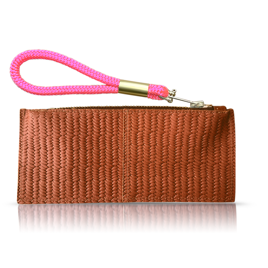 brown basketweave leather clutch with neon pink dock line handle
