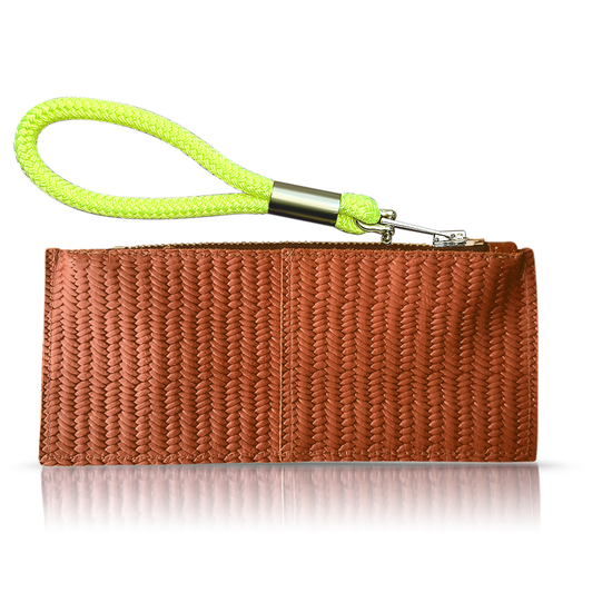 brown basketweave leather clutch with neon yellow dock line handle
