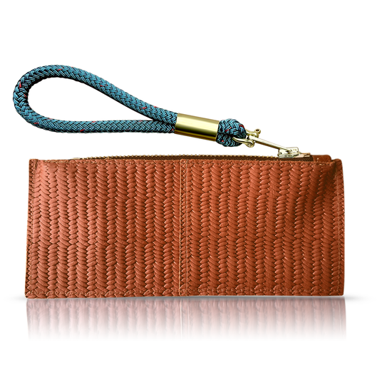 Brown Basketweave Leather Clutch with Chunky Brass Zipper and Rope Wristlet