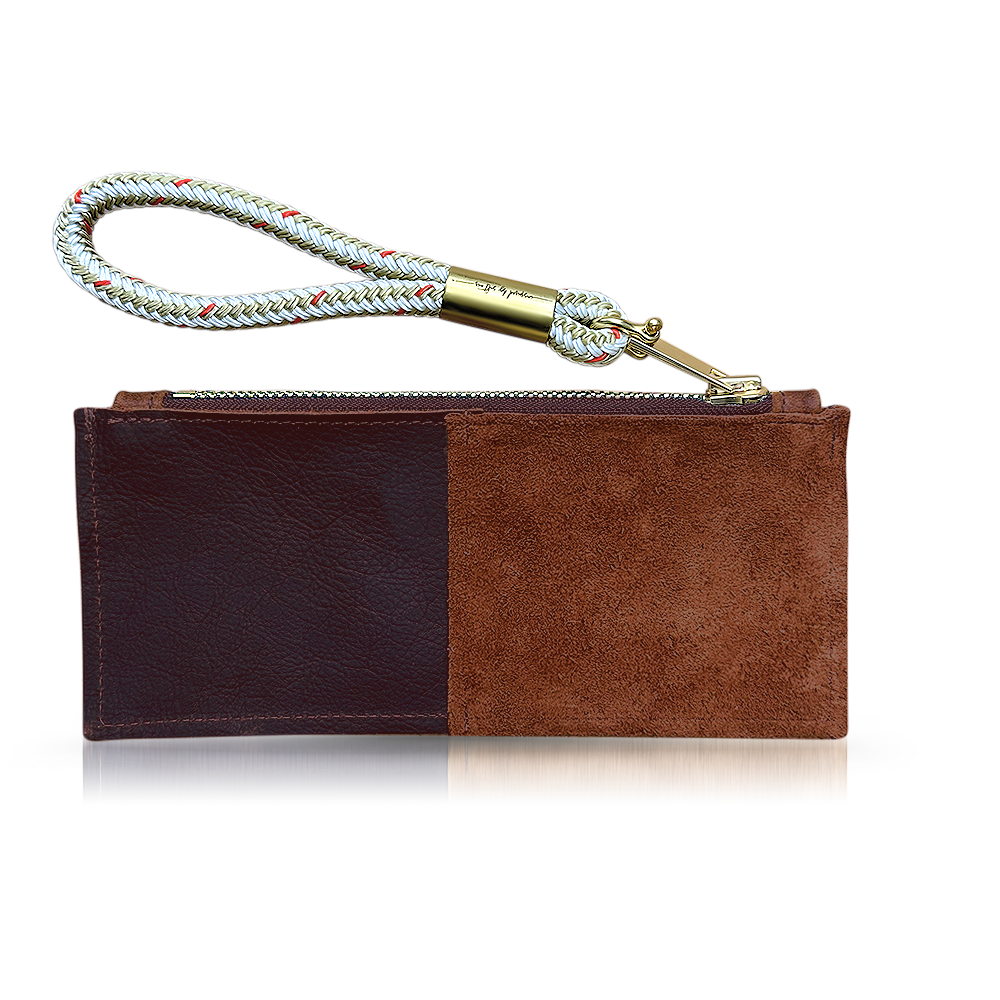 brown leather clutch with gold wristlet