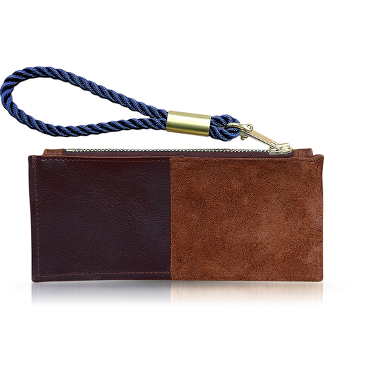 brown leather clutch with navy wristlet