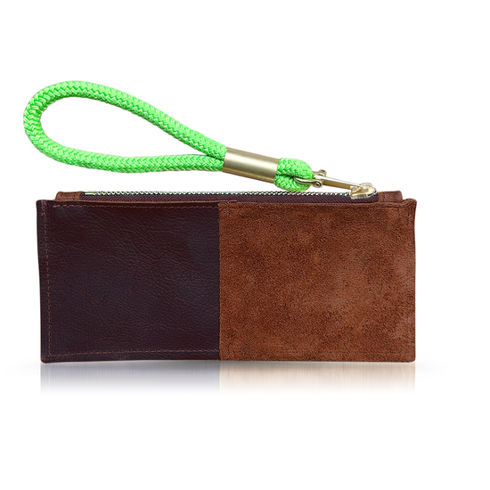 brown leather clutch with neon green wristlet