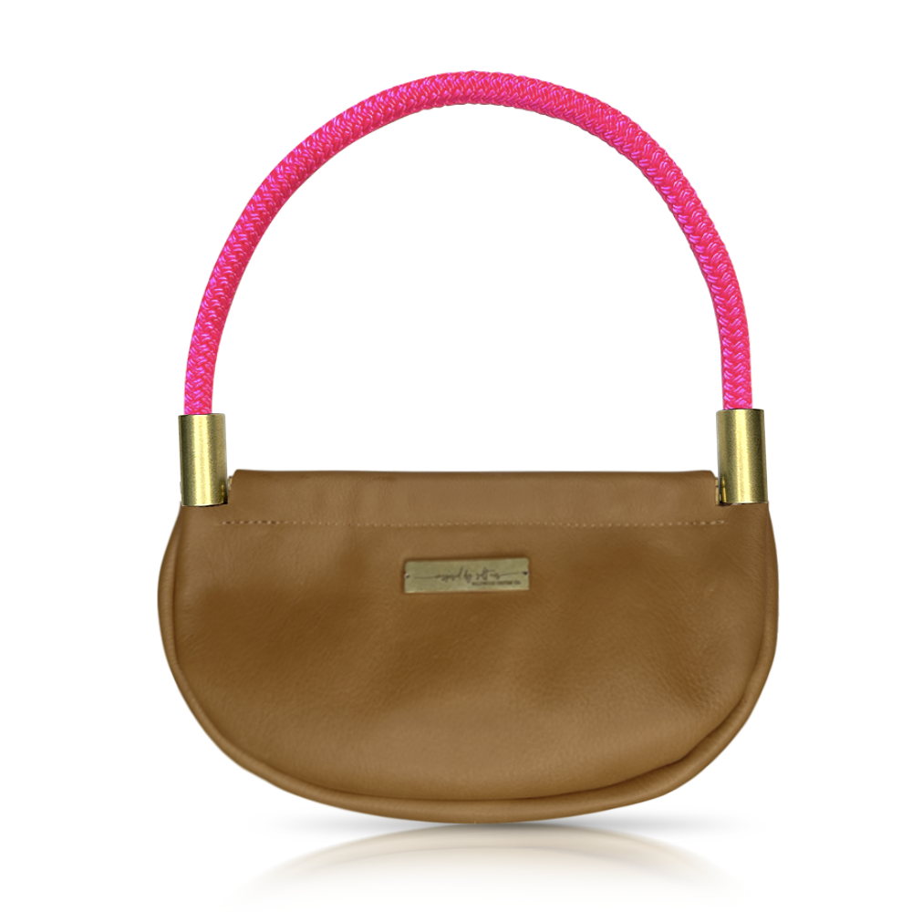 beachnut leather clam shell bag with neon pink dockline