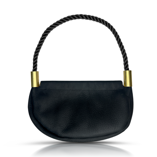 black leather clam shell bag with black dockline