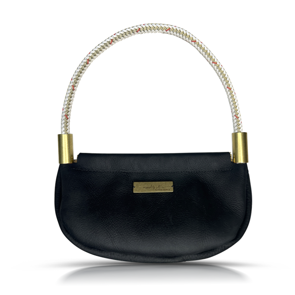 black leather clam shell bag with gold dockline