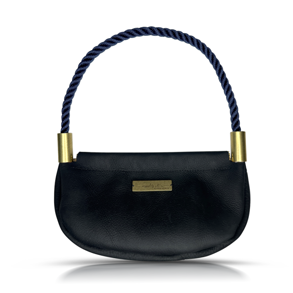 black leather clam shell bag with navy dockline