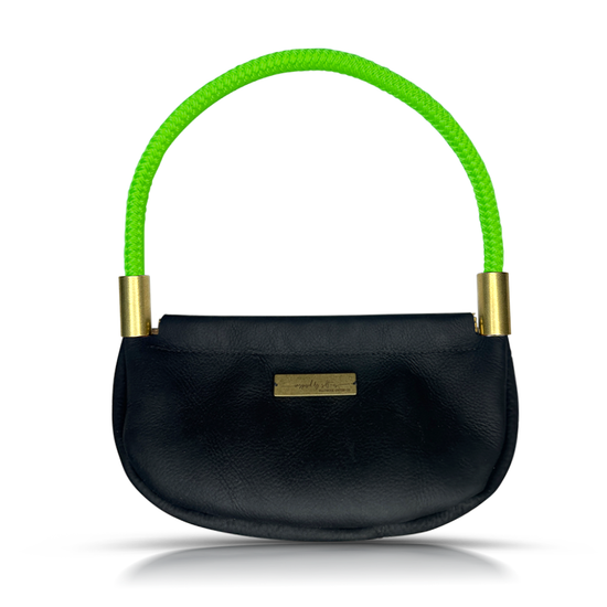 black leather clam shell bag with neon green dockline