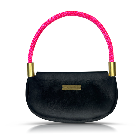 black leather clam shell bag with neon pink dockline