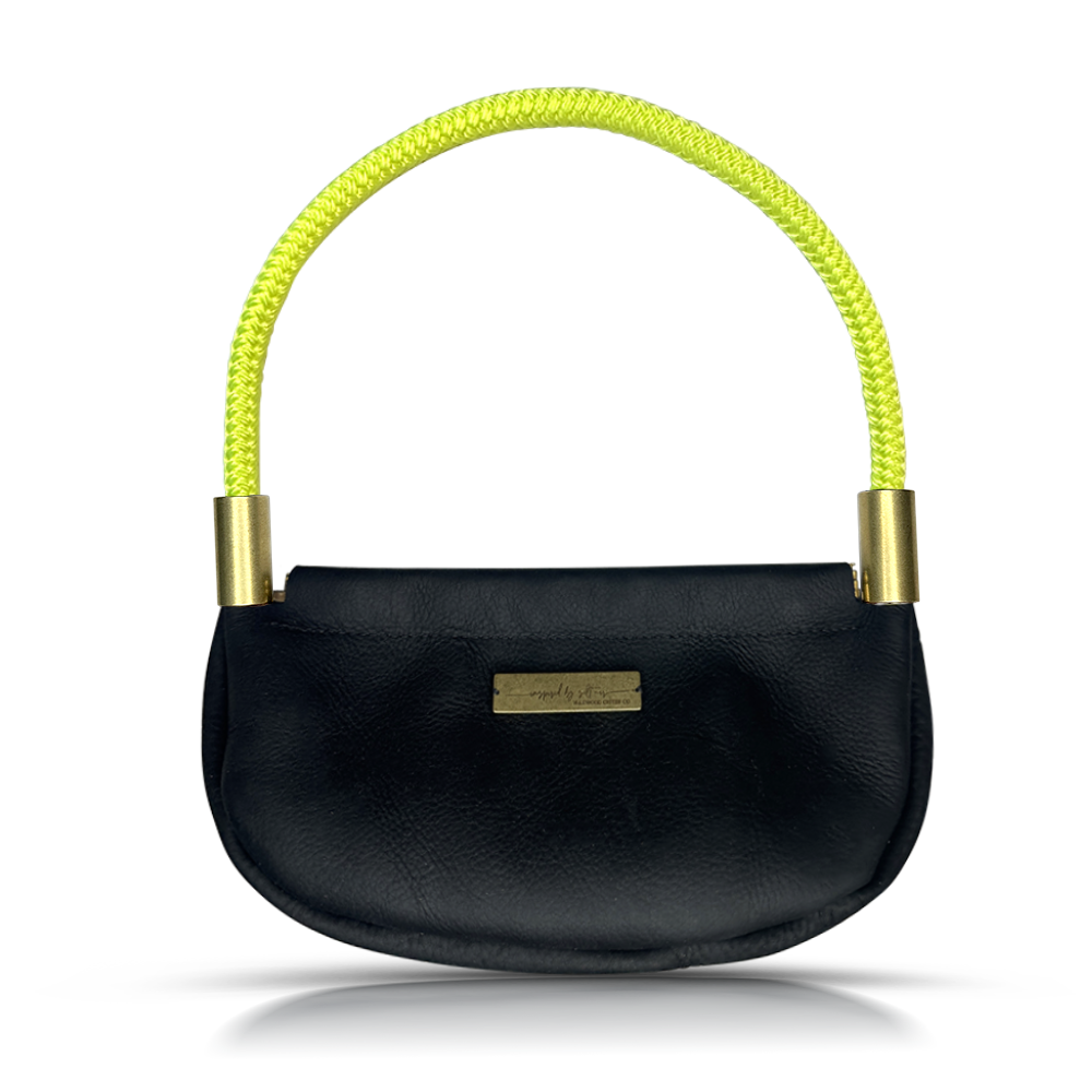 black leather clam shell bag with neon yellow dockline