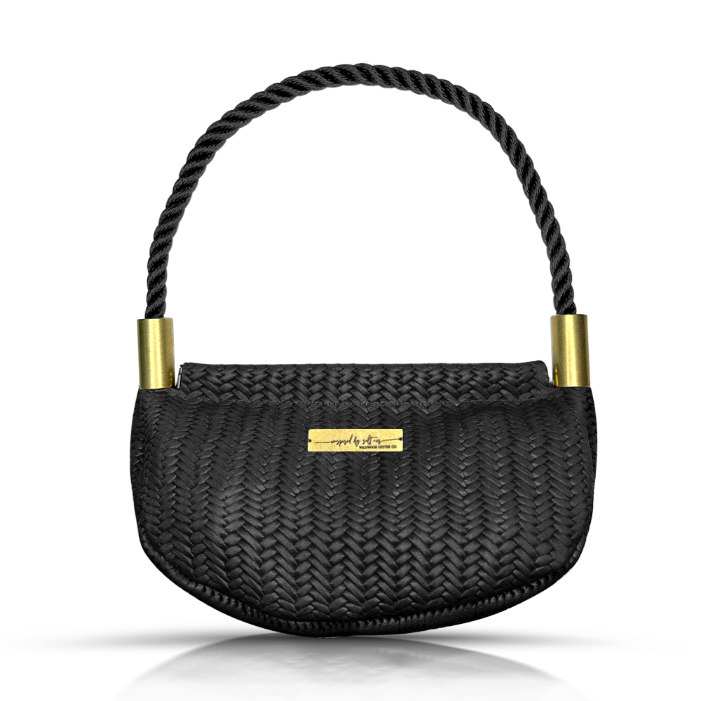 black basketweave leather clamshell bag with black dockline handle