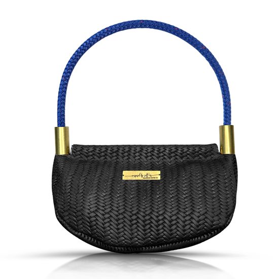black basketweave leather clamshell bag with harborside blue dockline handle