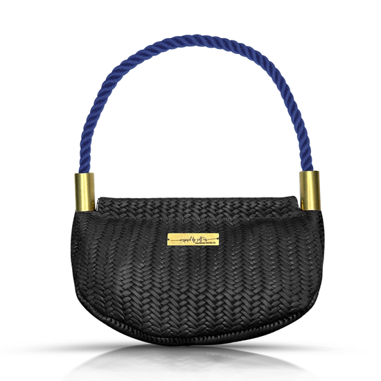 black basketweave leather clamshell bag with navy dockline handle